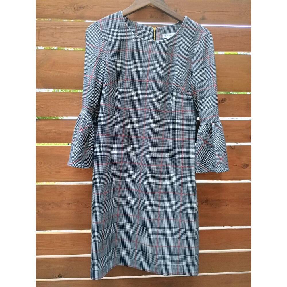 Calvin Klein 3/4 Bell Sleeve Dress Sz 10 Black Red Plaid Holiday Christmas Party